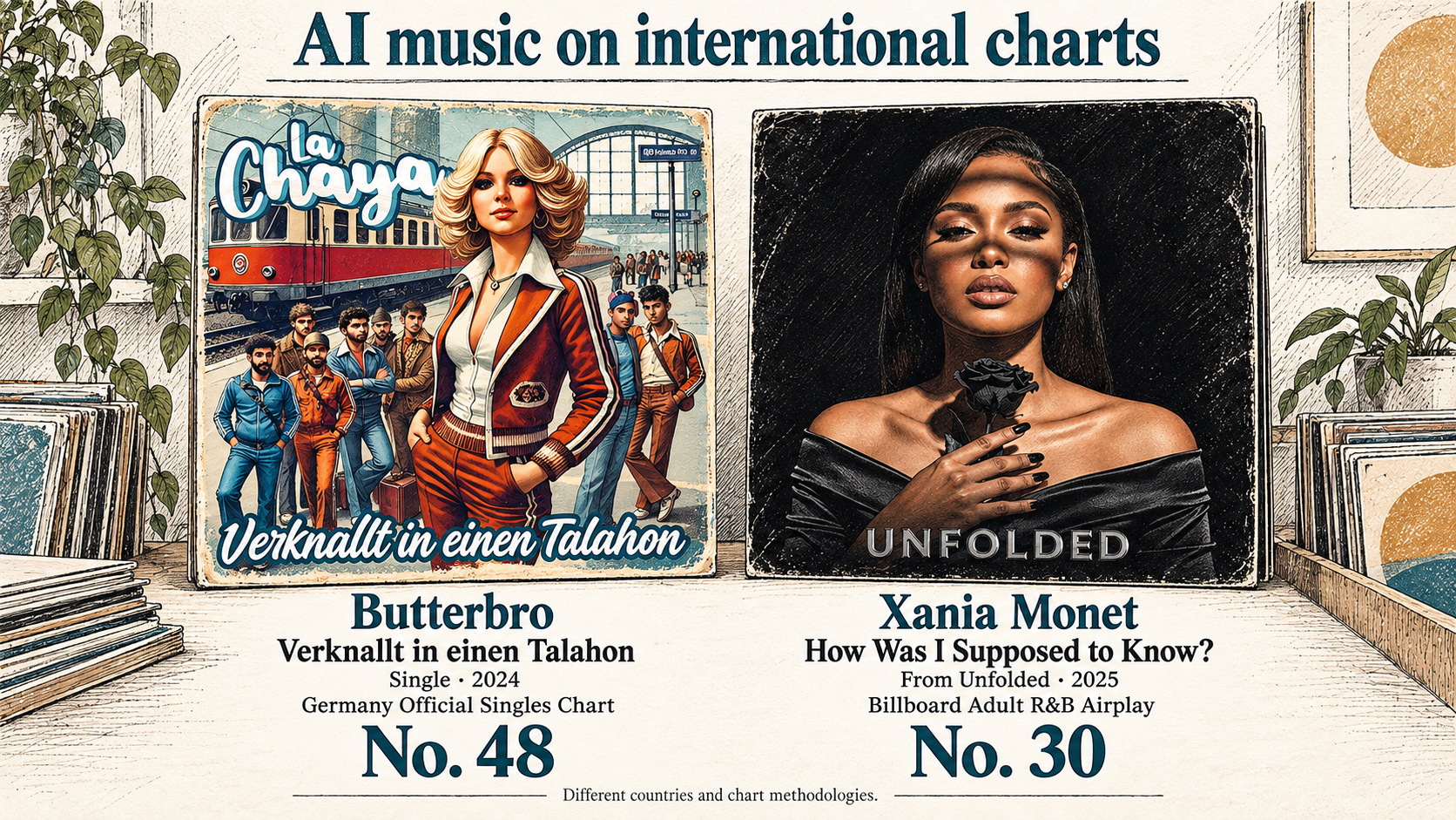 International chart examples illustrated with references to Butterbro’s single cover and Xania Monet’s album cover. The countries and chart methodologies differ. · AI-generated illustration Pen-drawn reinterpretations of Butterbro’s single cover and Xania Monet’s Unfolded album cover, with Germany Official Singles Chart No. 48 in 2024 and Billboard Adult R&B Airplay No. 30 in 2025 labeled separately.