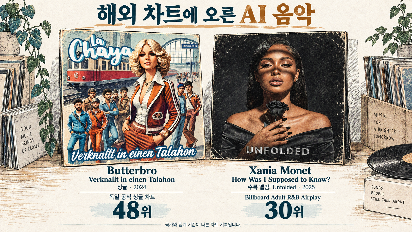 Butterbro의 싱글과 Xania Monet의 수록 앨범 커버를 참고해 그린 해외 차트 사례. 국가와 집계 기준이 다른 기록입니다. · AI 생성 일러스트 Butterbro의 싱글 커버와 Xania Monet의 Unfolded 앨범 커버를 펜 드로잉으로 재해석하고, 2024년 독일 공식 싱글 차트 48위와 2025년 Billboard Adult R&B Airplay 30위를 각각 표시한 일러스트.