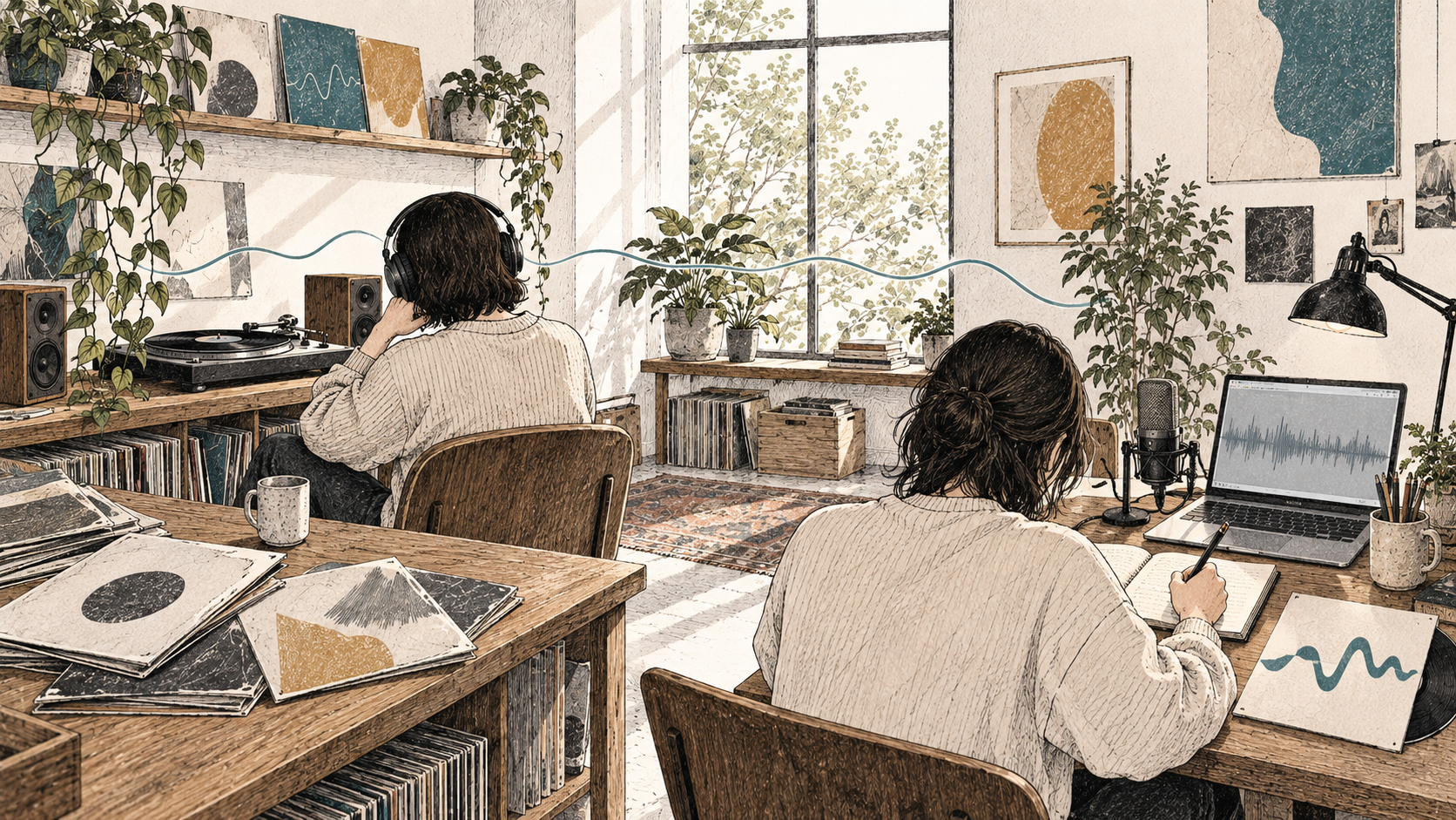 익숙한 목소리로 듣는 재미에서, 자기 이야기를 담은 노래를 내놓는 일로. · AI 생성 일러스트 익숙한 음반을 헤드폰으로 듣는 사람과, 자기 가사를 쓰며 마이크와 노트북으로 새 곡을 준비하는 사람을 나란히 그린 펜 일러스트.