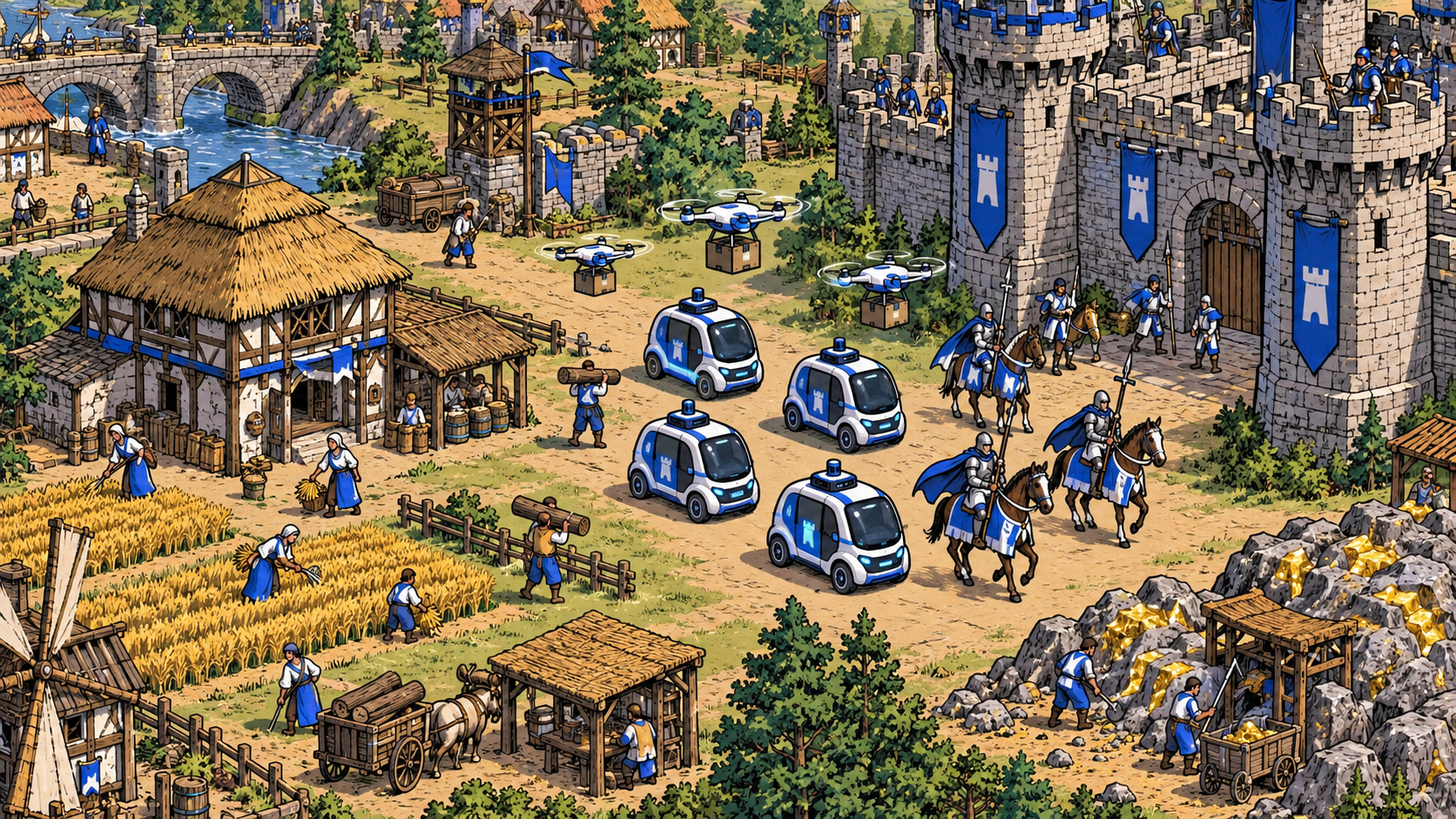 AoE2의 기존 문명 슬롯을 바꾼 로보택시 문명 에이지 오브 엠파이어 2의 중세 마을에 로보택시와 배달 드론 유닛이 등장한 사례를 그린 만화체 삽화