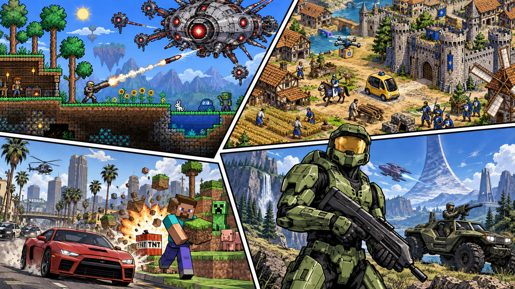 테라리아·AoE2·GTA와 마인크래프트·헤일로의 게임 개조 사례 테라리아 숲과 기계 보스, AoE2의 로보택시, GTA와 마인크래프트의 연결, 헤일로의 마스터 치프를 그린 만화체 표지