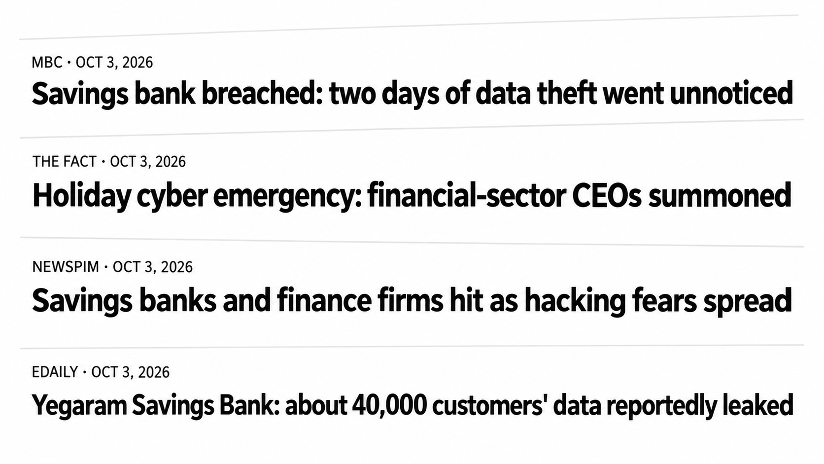 Headlines on financial-sector data leaks and the emergency meeting Four English news headlines covering savings-bank data leaks and the financial-sector emergency meeting.