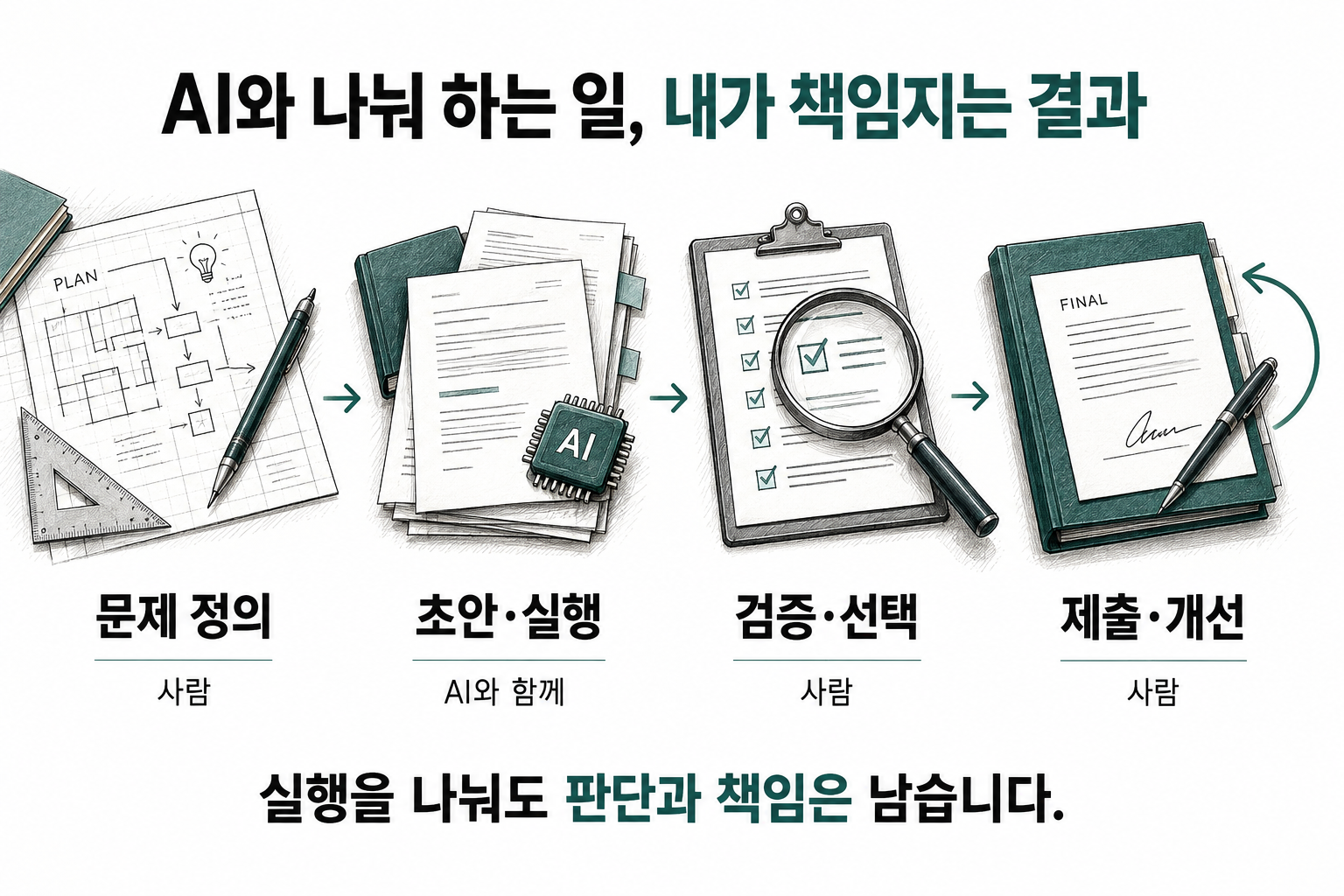 맡은 문제의 처음부터 끝까지 살피는 사람이 됩니다. AI와 나눠 하는 일, 내가 책임지는 결과. 사람과 AI의 역할을 전체 업무 흐름에서 정리합니다.