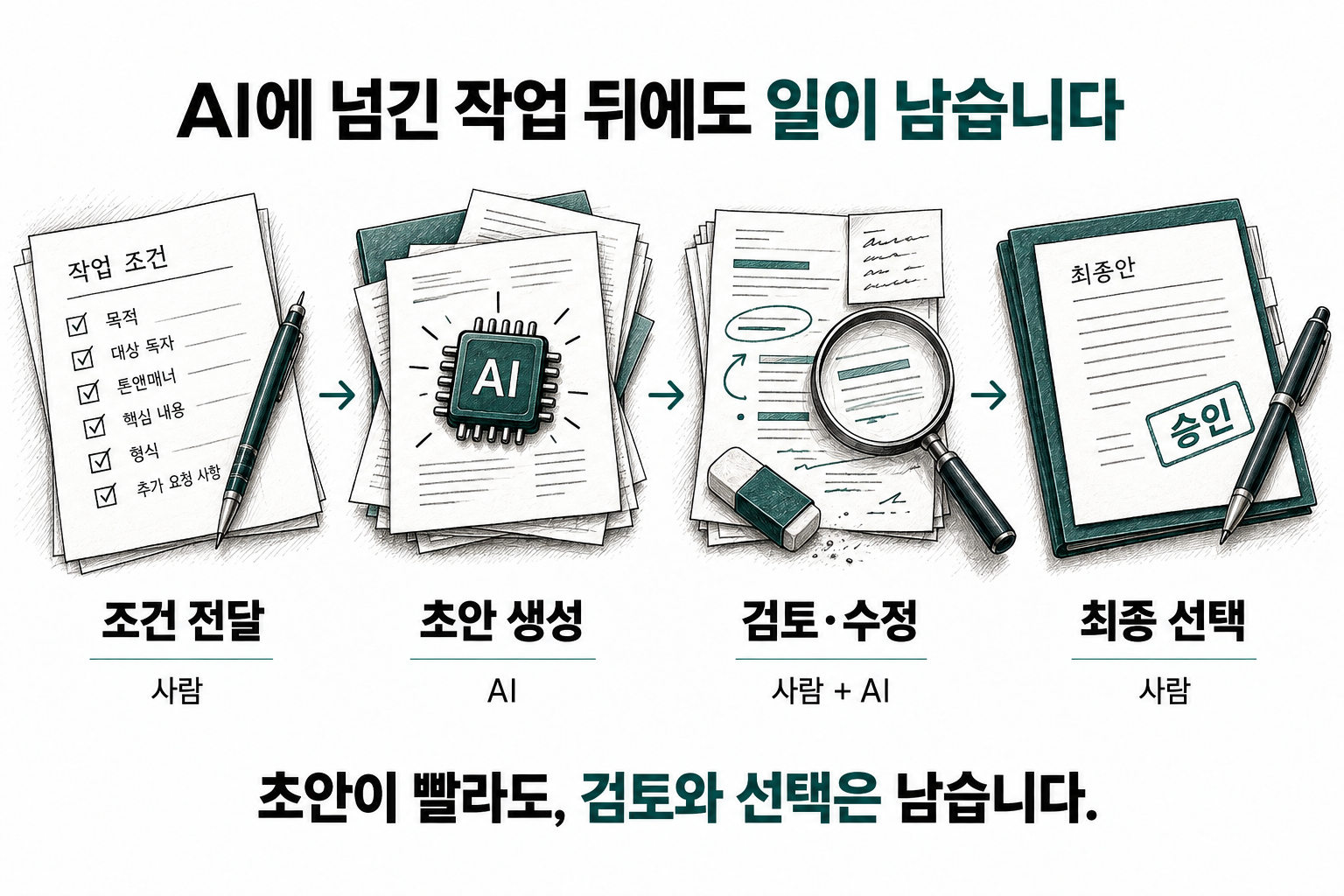 초안 생성 속도와 전체 업무 부담은 함께 확인해야 합니다. AI에 넘긴 작업 뒤에도 일이 남습니다. 초안 작성 다음에 이어지는 사람의 검토·수정·최종 선택.