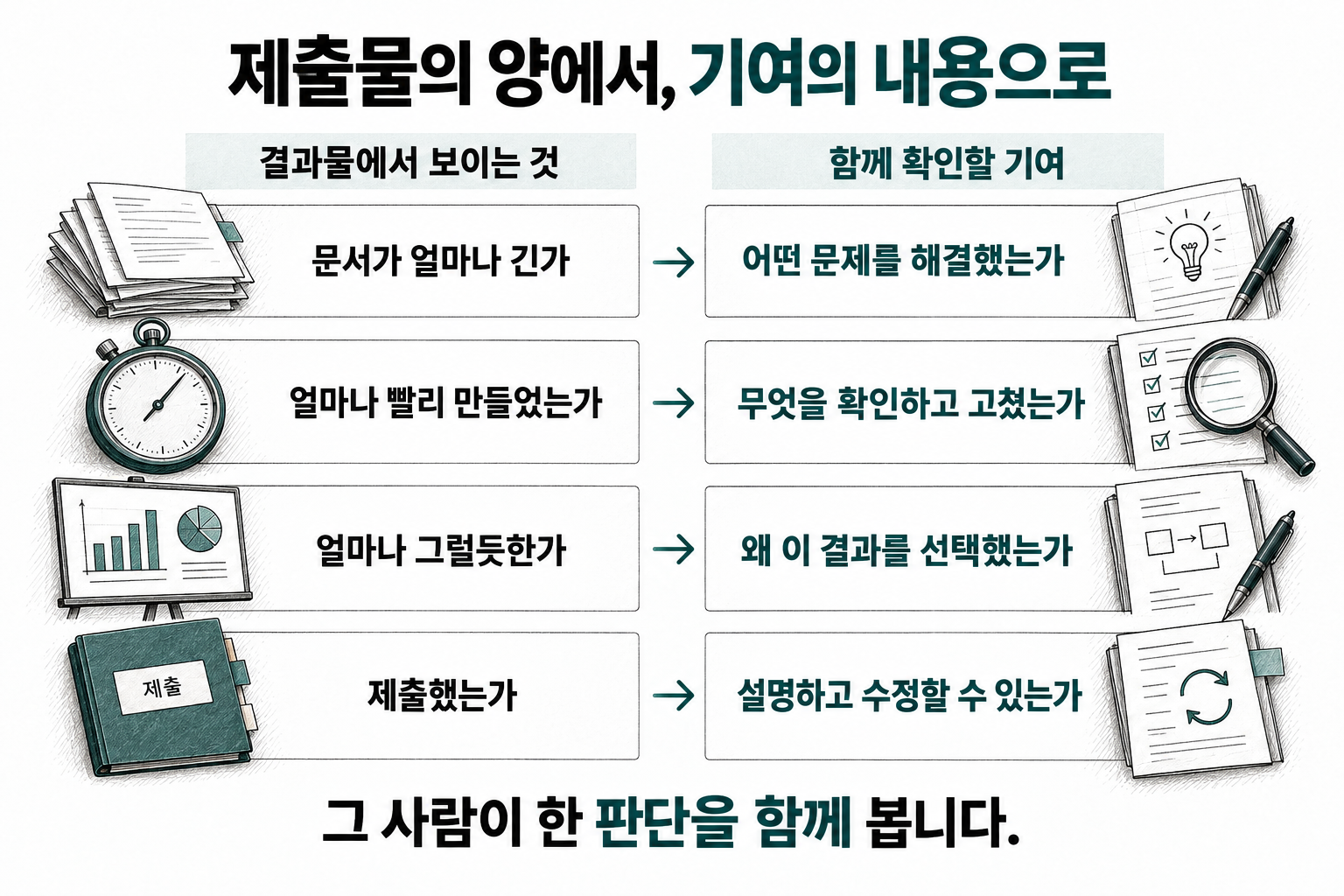 결과물만으로는 그 사람이 한 판단을 알기 어렵습니다. 제출물의 양에서, 기여의 내용으로. AI 결과물을 제출할 때 확인할 기여의 기준.
