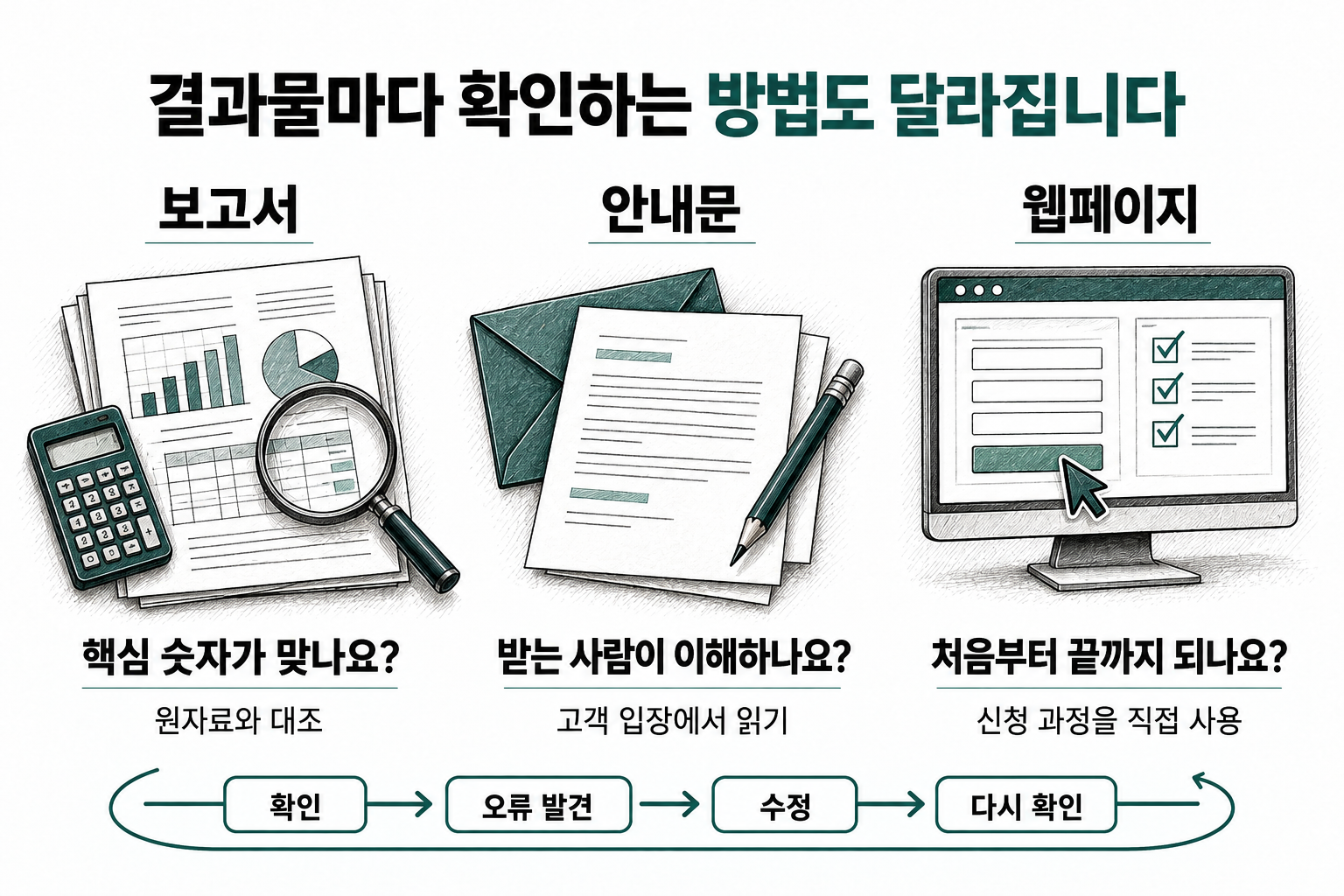 확인 → 오류 발견 → 수정 → 다시 확인 결과물마다 확인하는 방법도 달라집니다. 보고서·안내문·웹페이지를 확인하는 구체적인 질문.