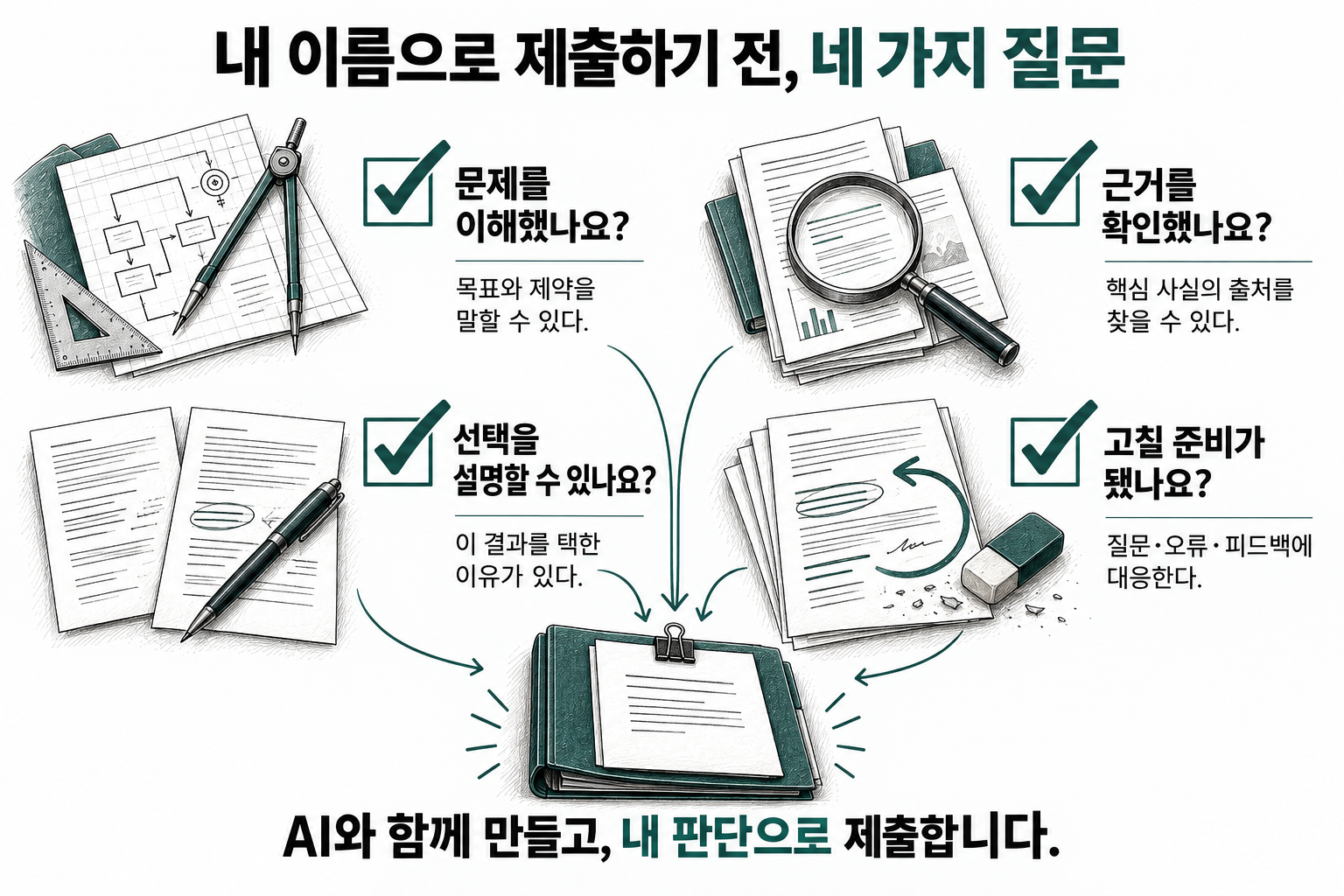 AI와 함께 만들고, 내 판단으로 확인하고 제출합니다. 내 이름으로 제출하기 전, 네 가지 질문. 자신이 맡은 결과를 이해하고 설명할 수 있는지 돌아봅니다.