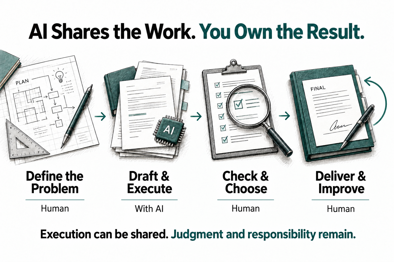 Execution can be shared. Judgment and responsibility remain. AI Shares the Work. You Own the Result.. A four-stage workflow: define the problem, draft and execute with AI, check and choose, then deliver and improve.
