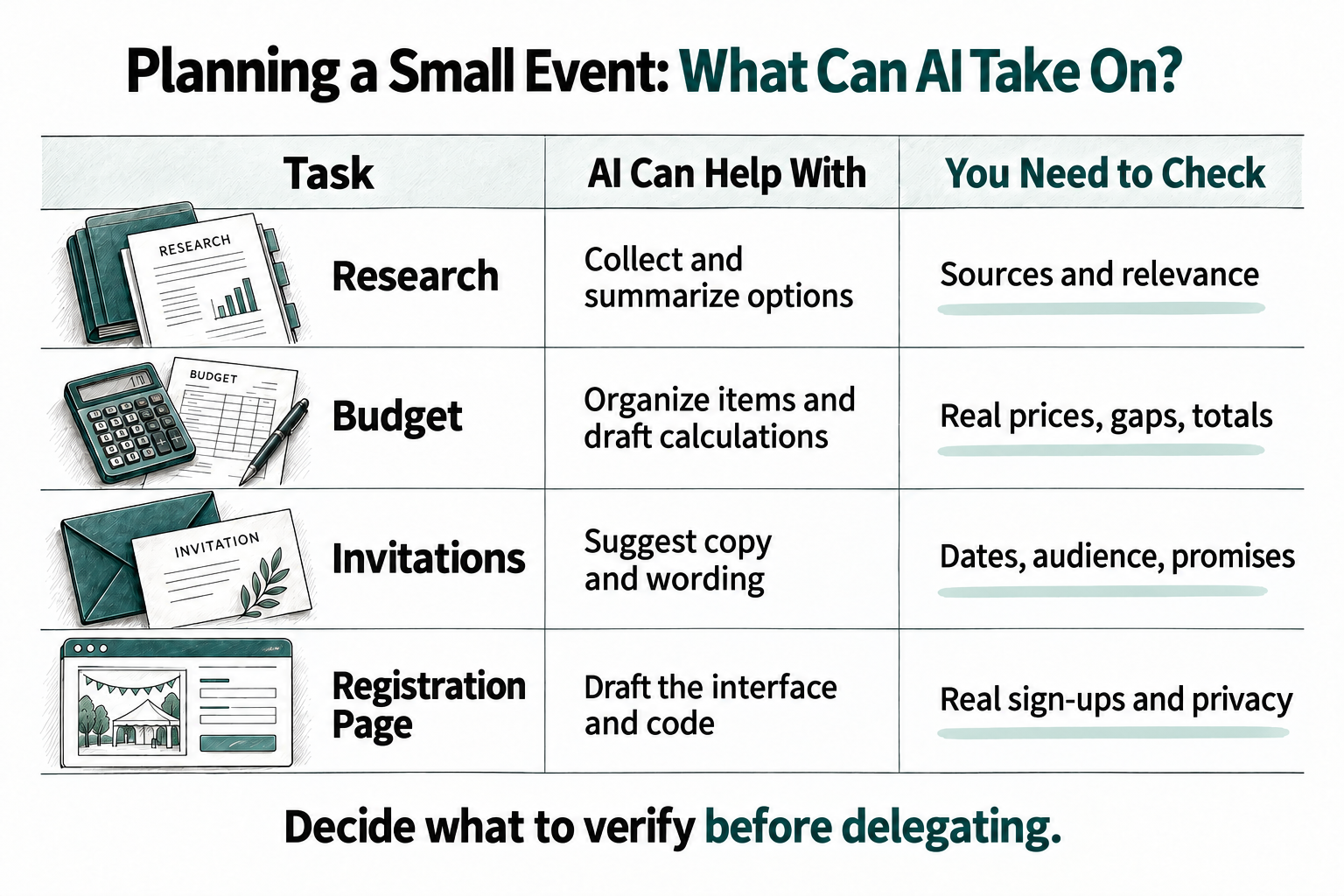 Decide what to verify before delegating. Planning a Small Event: What Can AI Take On?. A comparison of AI assistance and human checks in research, budgeting, invitations, and a registration page.