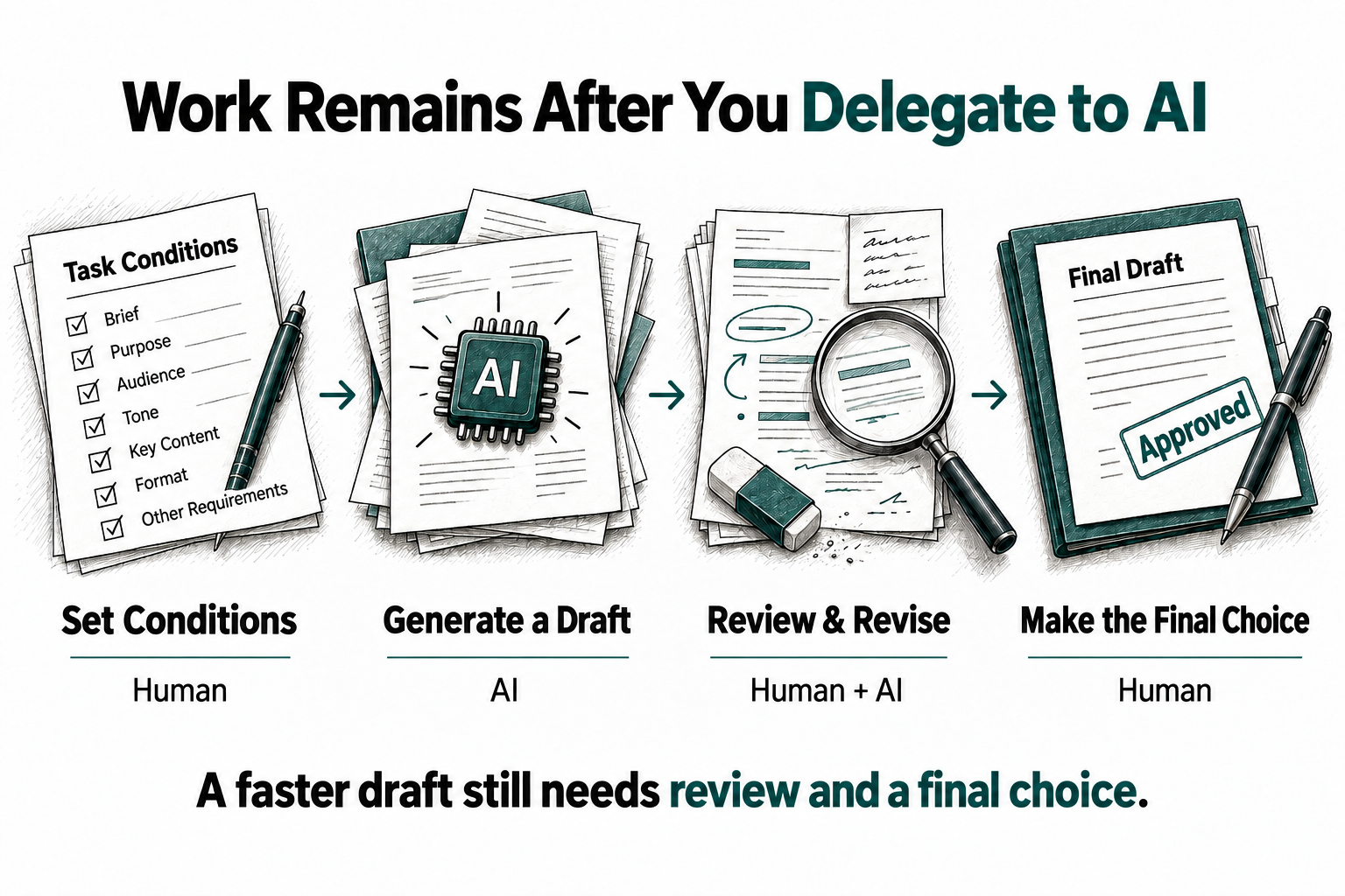 A faster draft still needs review and a final choice. Work Remains After You Delegate to AI. Set conditions, generate a draft, review and revise, and make the final choice.