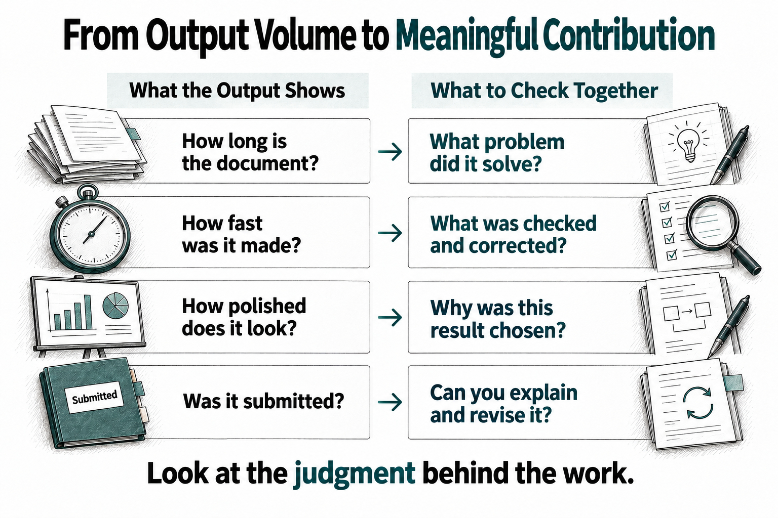 Look at the judgment behind the work. From Output Volume to Meaningful Contribution. Look beyond length, speed, polish, and submission to the problem solved, checks made, decisions explained, and readiness to revise.