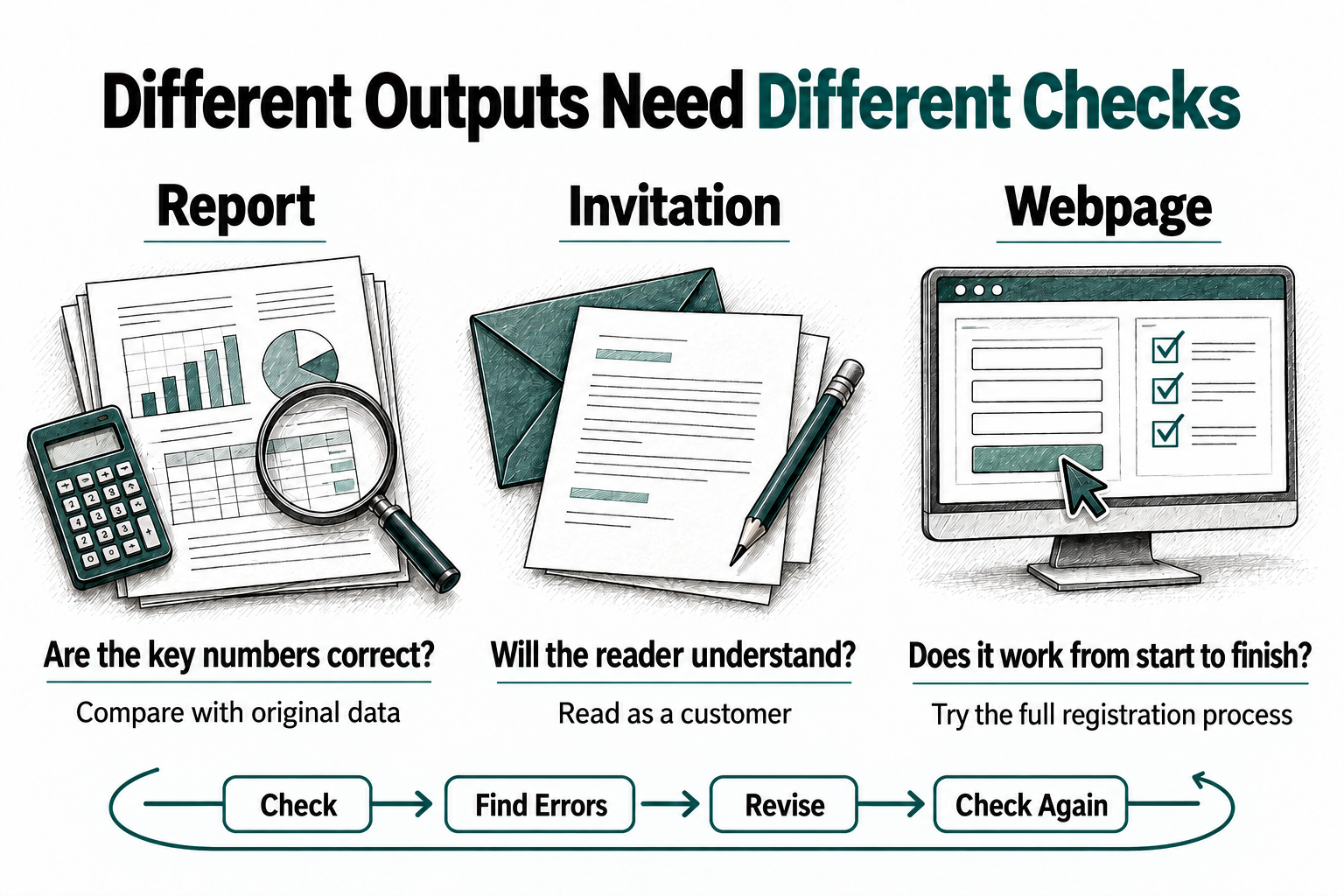 Check, find errors, revise, and check again. Different Outputs Need Different Checks. Check report figures against original data, read invitations from the customer's perspective, and try the full registration process.