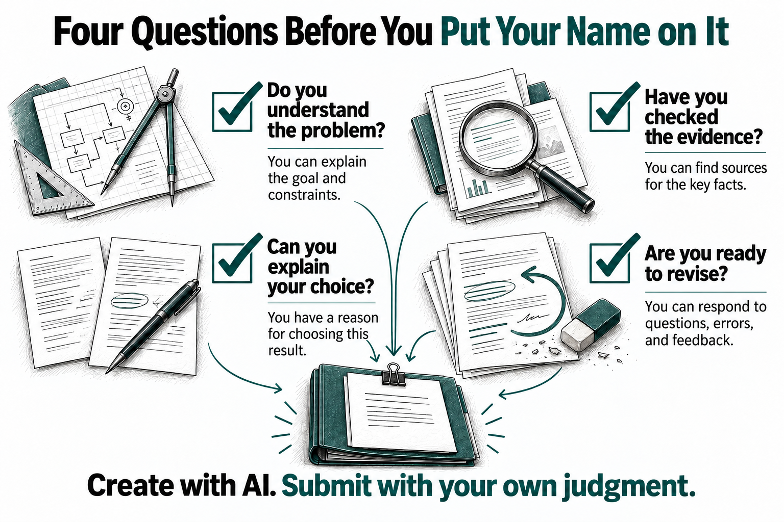 Create with AI. Submit with your own judgment. Four Questions Before You Put Your Name on It. Do you understand the problem, verify the evidence, explain your choice, and stand ready to revise?