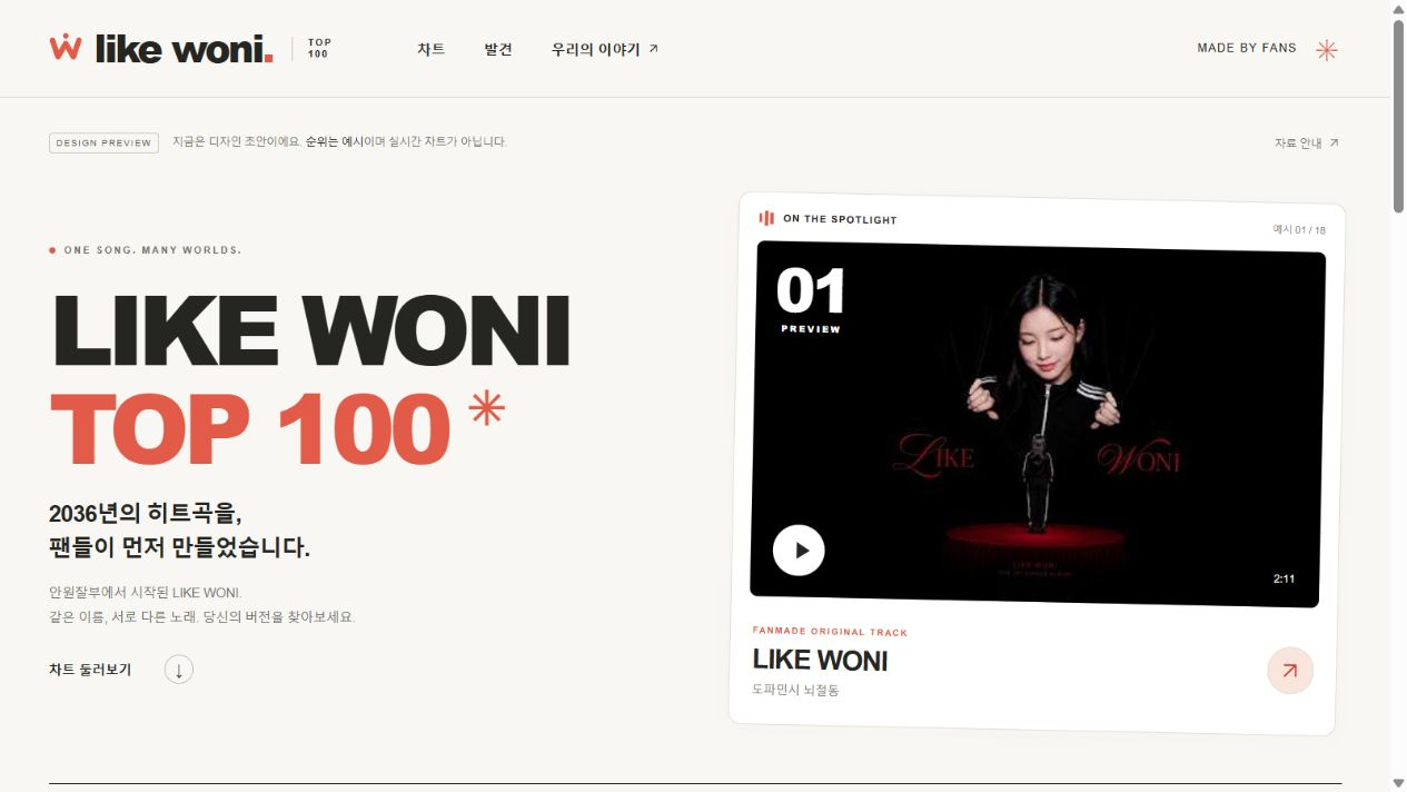 오프화이트 배경과 코럴 TOP 100 제목을 사용한 Codex 초기 초안 첫 화면