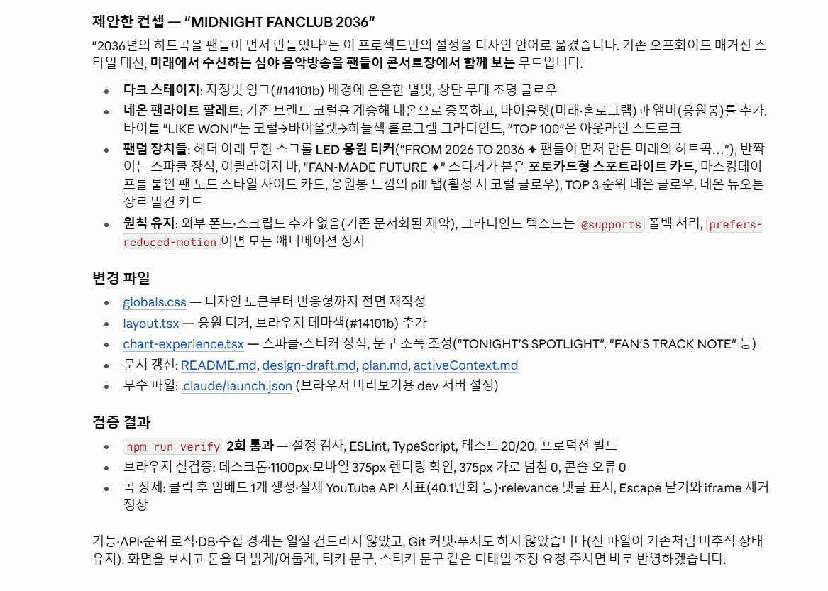 MIDNIGHT FANCLUB 2036 디자인 제안과 테스트 20개, 브라우저 데스크톱·모바일 검증 기록
