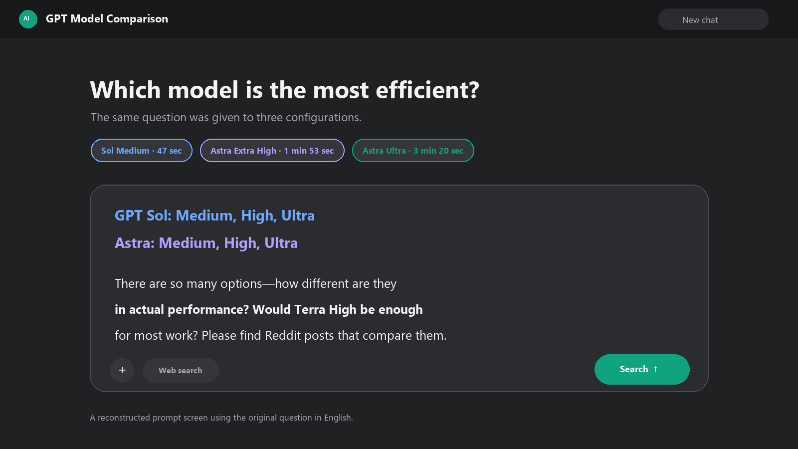A GPT-style search screen reconstructing the original model comparison question in English