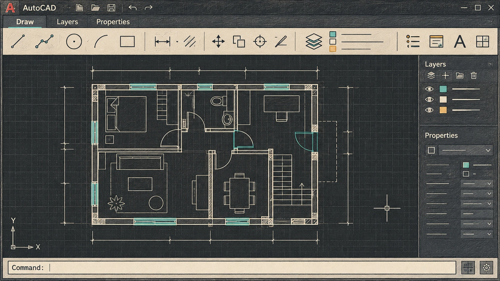 Drawings move between different people's tools as they are revised. An AI illustration inspired by an AutoCAD workspace. Detailed pen illustration of an AutoCAD house plan, layer properties, dimension guides, and a command line along the bottom