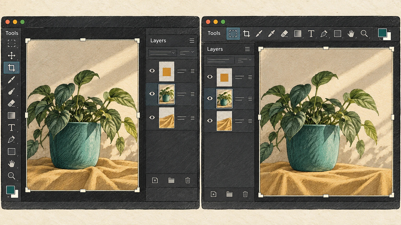 Two apps may produce the same result while asking your hands to follow different steps. An AI illustration of two imagined editing interfaces. Comparison of two editing apps showing the same still-life photo with toolbars and layers panels in different positions
