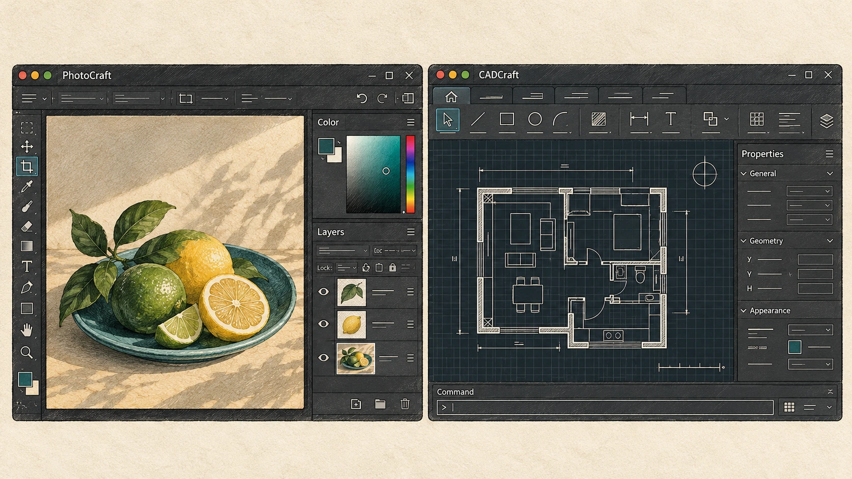 An AI illustration conceptually reconstructing PhotoCraft and CADCraft workspaces. It does not imply feature parity with the original products. Conceptual illustration of PhotoCraft with an image canvas and layers, and CADCraft with a floor plan and command input