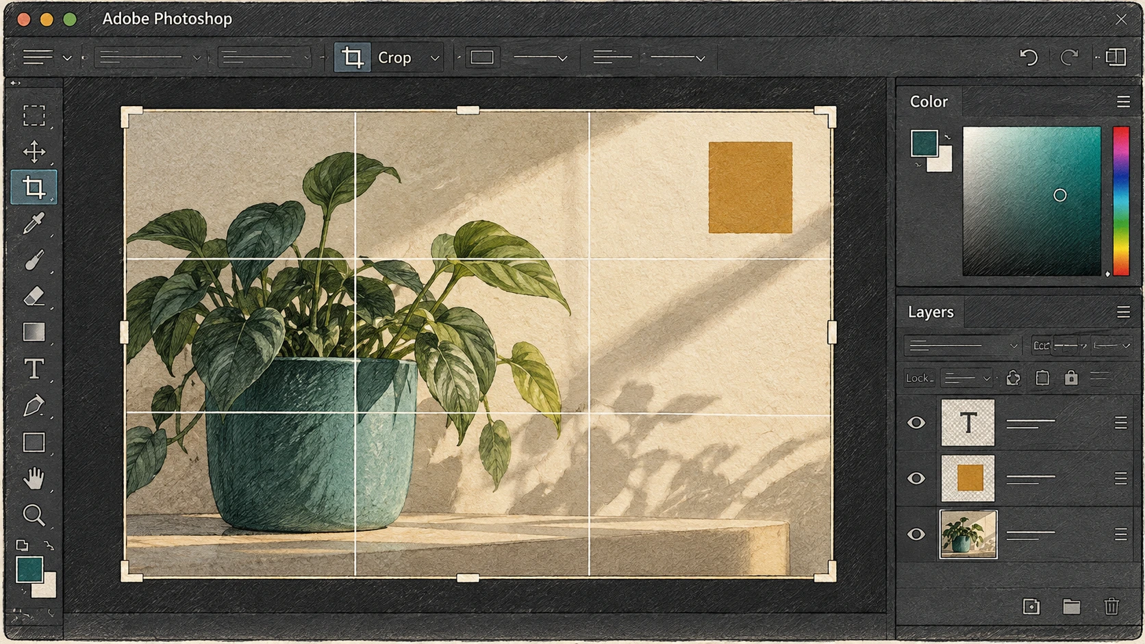 Familiar tool positions and working habits also influence which app we choose. An AI illustration inspired by Photoshop's interface. Pen drawing of a Photoshop interface with tools on the left, a layers panel on the right, and a photo crop area in the middle