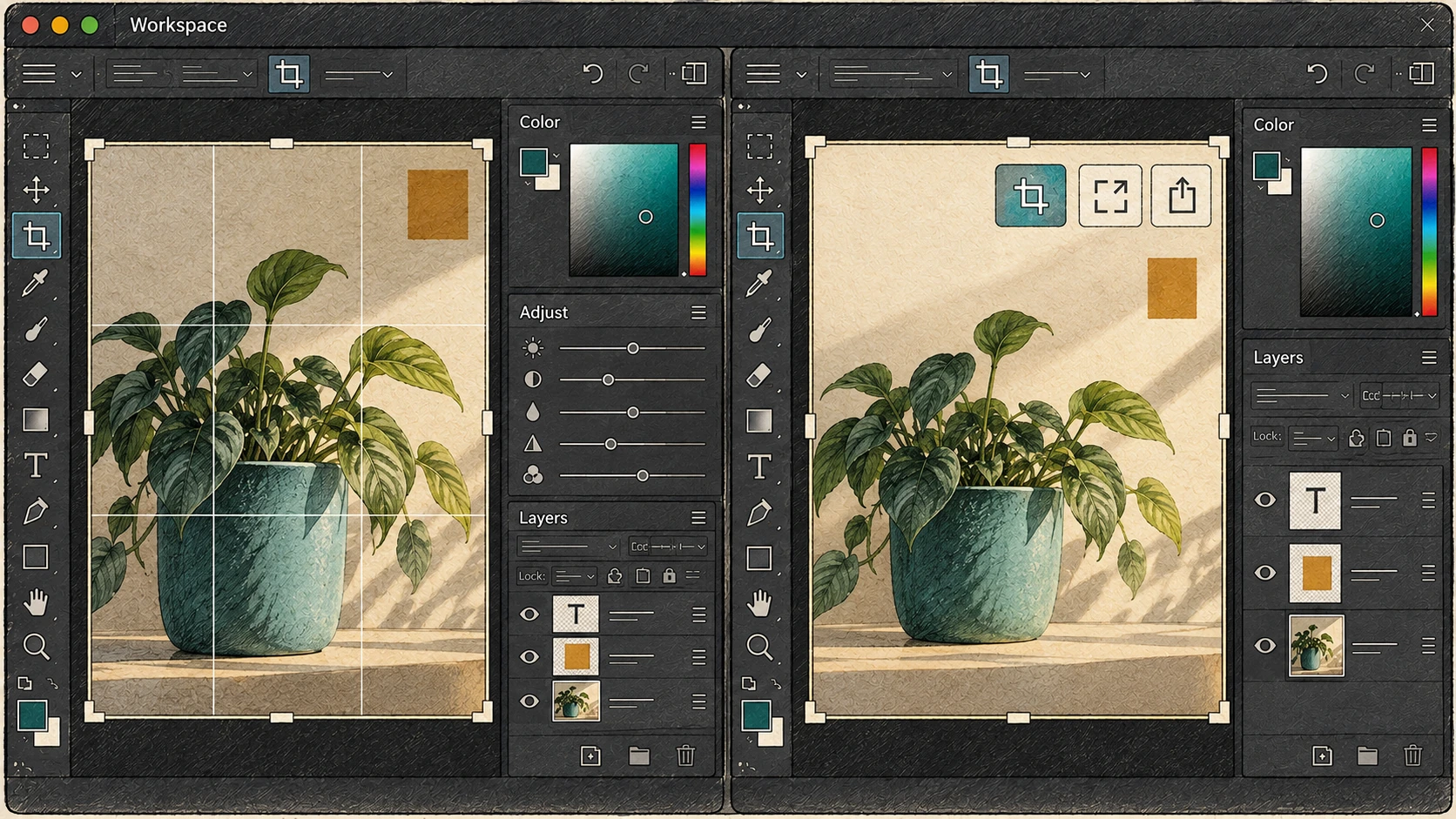 Two editing interfaces working with the same photo. This AI illustration imagines fewer manual steps; it does not demonstrate any product's automation performance. Two conceptual editing interfaces showing frequently used tools gathered into a simpler workspace