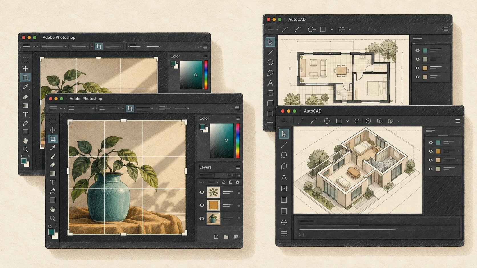 An AI illustration of work made with Photoshop and CAD. As the cost of producing the same result changes, workers' fees and the volume of available work may change too. Overlapping pairs of photo editing and CAD windows showing the same potted-plant photo and house design